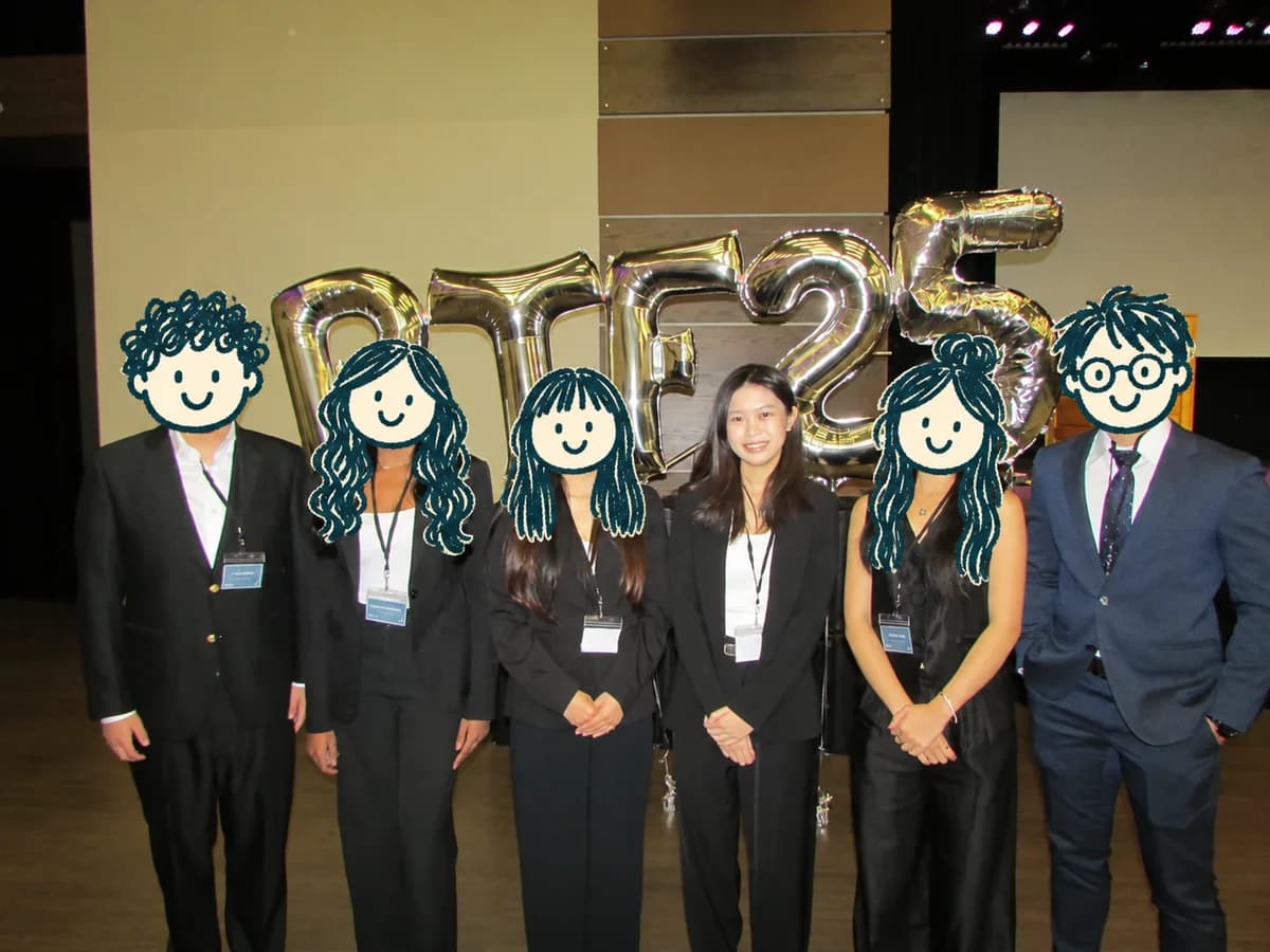 Chloe, third from the right, with the Pitch the Future team; friends’ faces covered by cartoon doodles