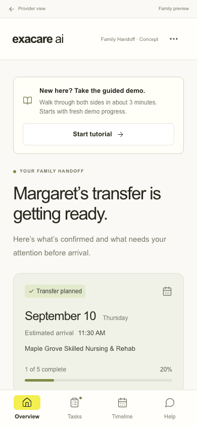 Family mobile overview showing the transition and next steps