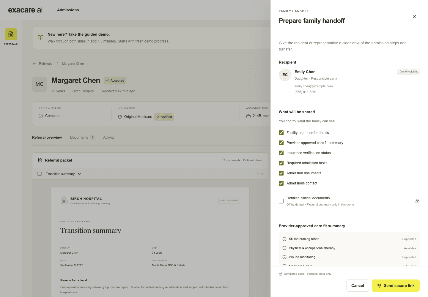 Provider handoff drawer with sharing controls, admission tasks and transfer details